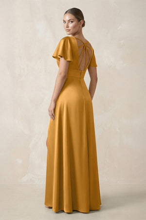 Short Sleeve V - Neck A - Line Satin Bridesmaid Dress With Slit in Marigold - SHE IS ME Bridesmaid Dresses