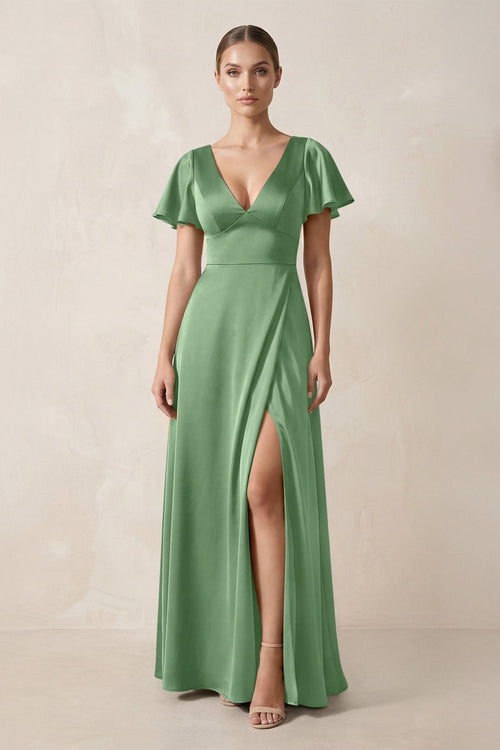 Short Sleeve V - Neck A - Line Satin Bridesmaid Dress With Slit in Matcha - KISS BRIDAL Bridesmaid Dresses
