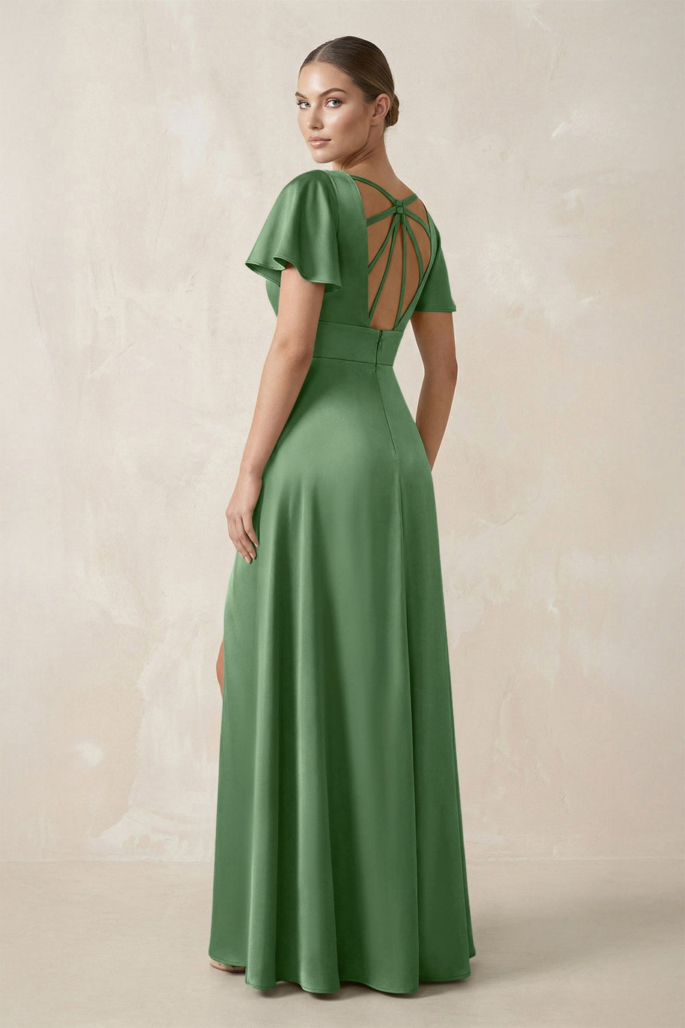 Short Sleeve V - Neck A - Line Satin Bridesmaid Dress With Slit in Matcha - KISS BRIDAL Bridesmaid Dresses