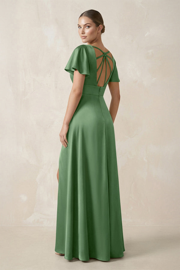 Short Sleeve V - Neck A - Line Satin Bridesmaid Dress With Slit in Matcha - KISS BRIDAL Bridesmaid Dresses