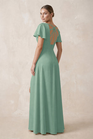 Short Sleeve V-Neck A-Line Satin Bridesmaid Dress With Slit in Mint Green (2) | KISSBRIDAL
