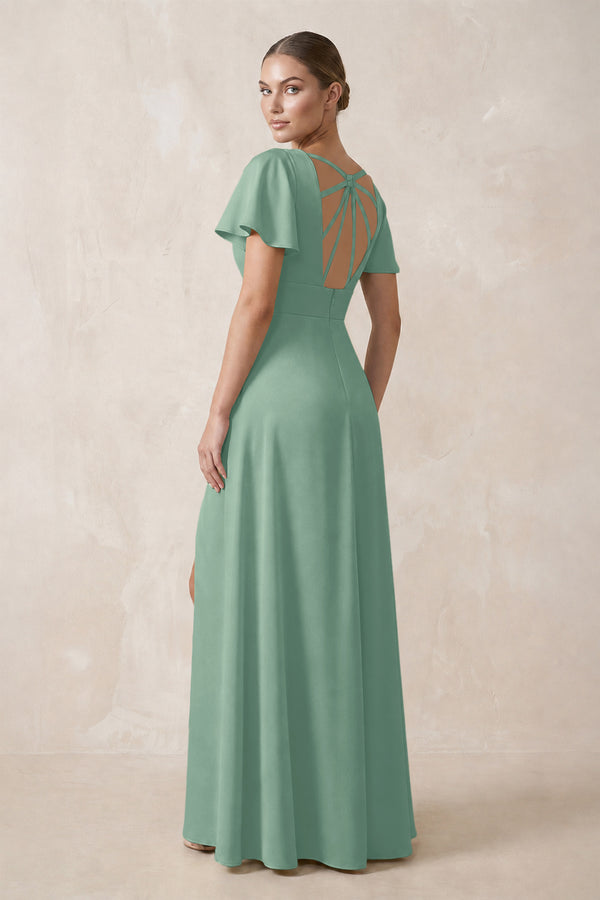 Short Sleeve V-Neck A-Line Satin Bridesmaid Dress With Slit in Mint Green (2) | KISSBRIDAL