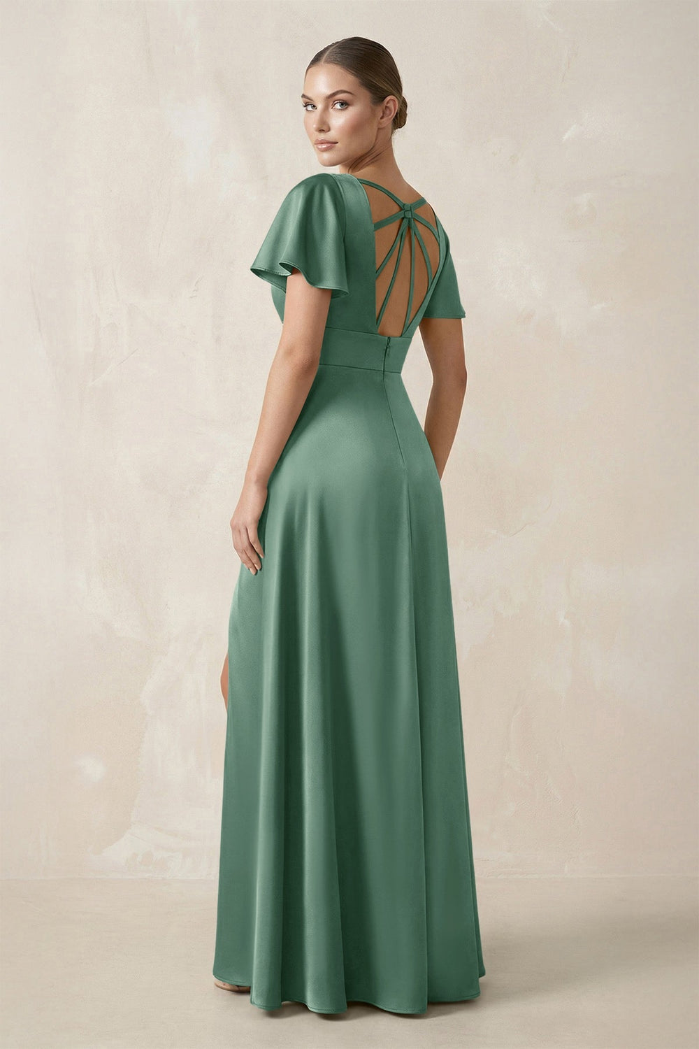 Short Sleeve V - Neck A - Line Satin Bridesmaid Dress With Slit in Mint Green - KISS BRIDAL Bridesmaid Dresses