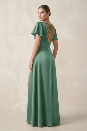 Short Sleeve V - Neck A - Line Satin Bridesmaid Dress With Slit in Mint Green - SHE IS ME Bridesmaid Dresses