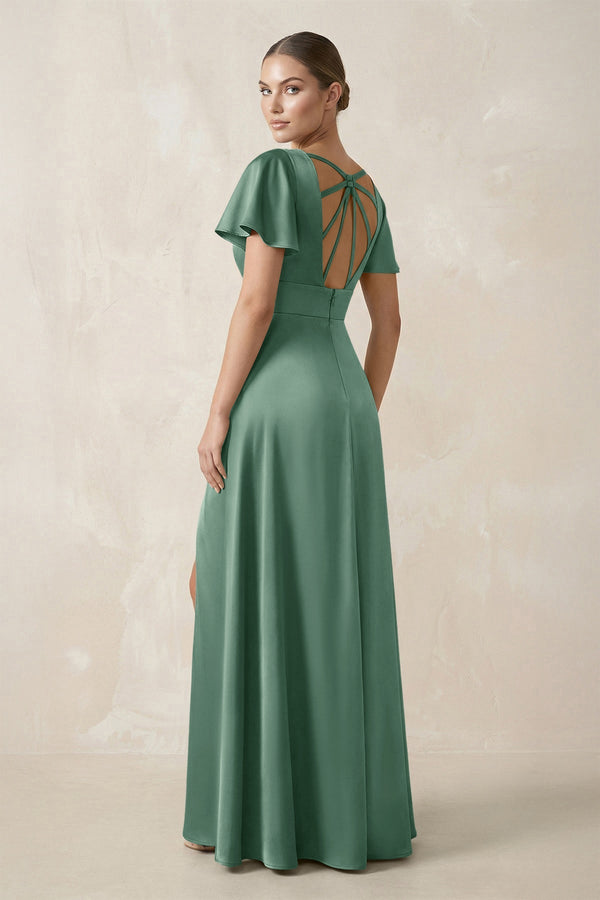 Short Sleeve V - Neck A - Line Satin Bridesmaid Dress With Slit in Mint Green - SHE IS ME Bridesmaid Dresses