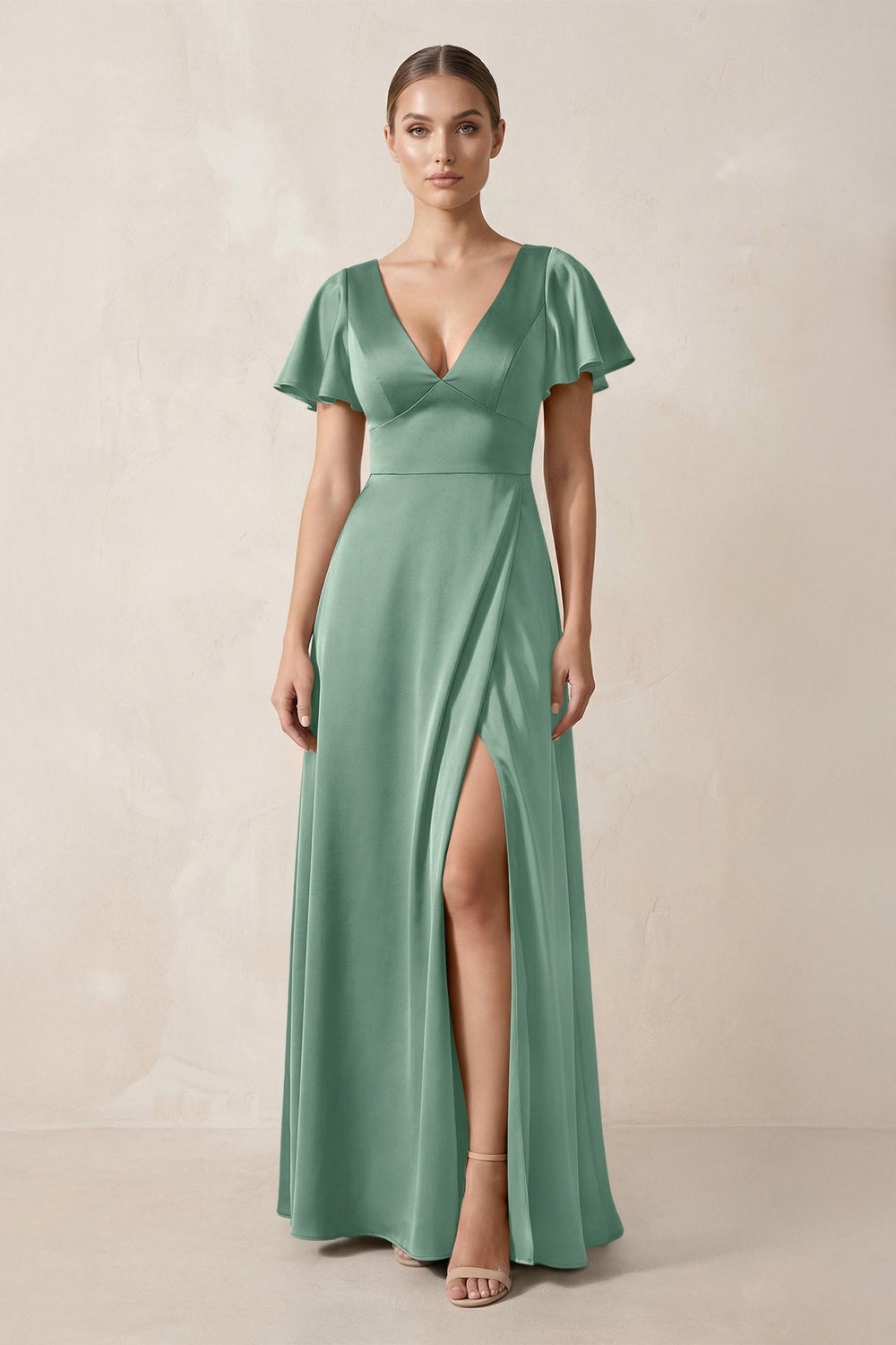 Short Sleeve V - Neck A - Line Satin Bridesmaid Dress With Slit in Mint Green - KISS BRIDAL Bridesmaid Dresses