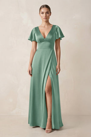Short Sleeve V - Neck A - Line Satin Bridesmaid Dress With Slit in Mint Green - SHE IS ME Bridesmaid Dresses