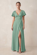 Short Sleeve V-Neck A-Line Satin Bridesmaid Dress With Slit in Mint Green | KISSBRIDAL