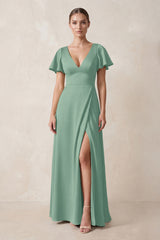 Short Sleeve V-Neck A-Line Satin Bridesmaid Dress With Slit in Mint Green | KISSBRIDAL