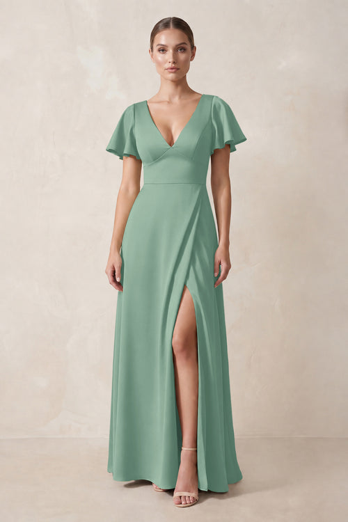 Short Sleeve V-Neck A-Line Satin Bridesmaid Dress With Slit in Mint Green | KISSBRIDAL