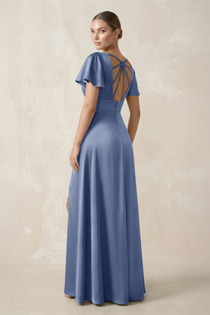 Short Sleeve V - Neck A - Line Satin Bridesmaid Dress With Slit in Mist - KISS BRIDAL Bridesmaid Dresses