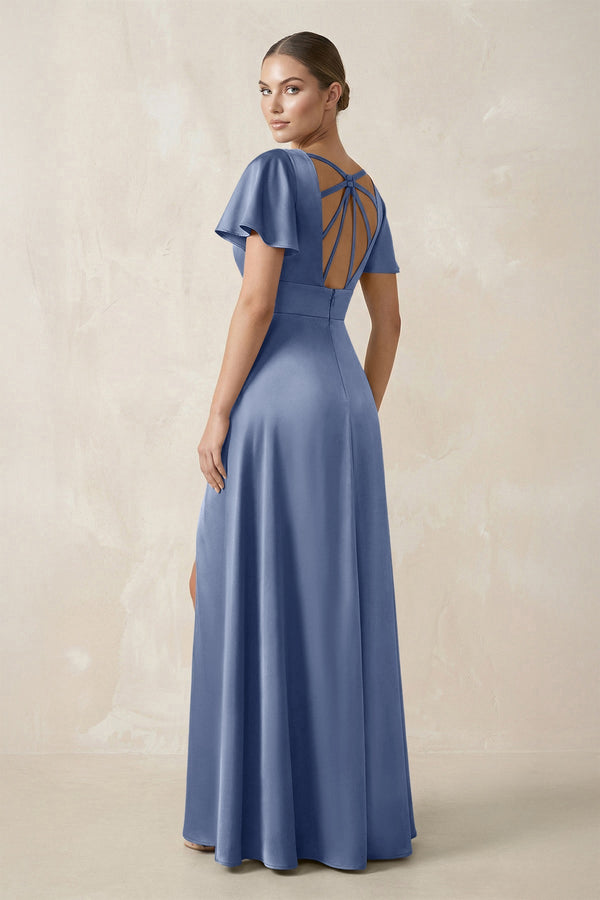 Short Sleeve V - Neck A - Line Satin Bridesmaid Dress With Slit in Mist - KISS BRIDAL Bridesmaid Dresses