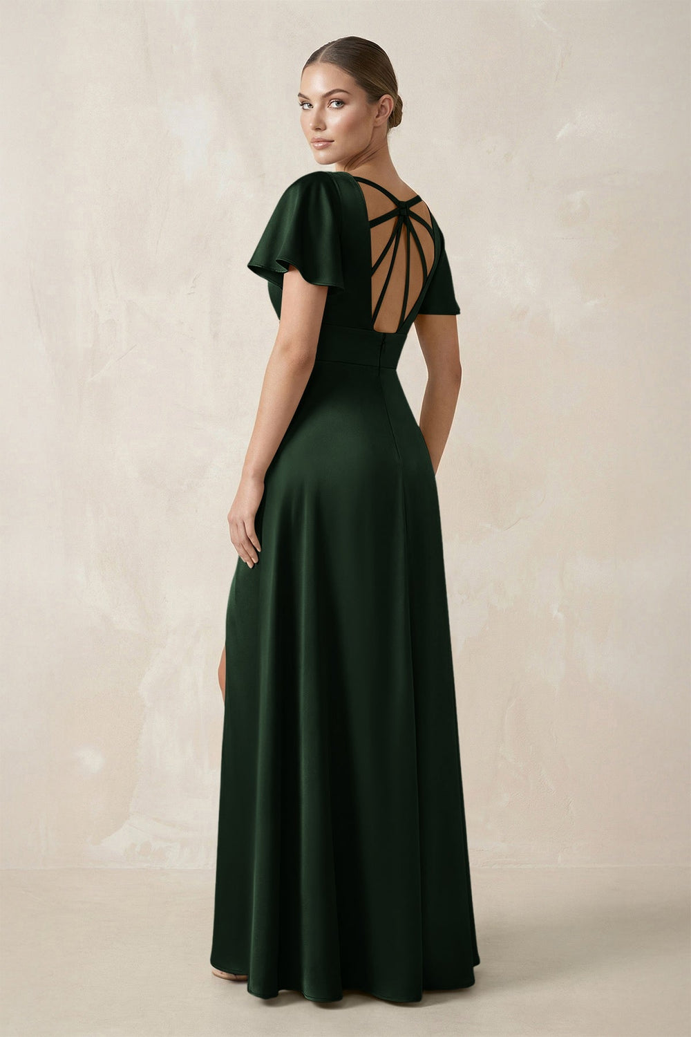 Short Sleeve V - Neck A - Line Satin Bridesmaid Dress With Slit in Moss - KISS BRIDAL Bridesmaid Dresses