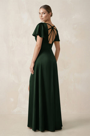 Short Sleeve V - Neck A - Line Satin Bridesmaid Dress With Slit in Moss - KISS BRIDAL Bridesmaid Dresses
