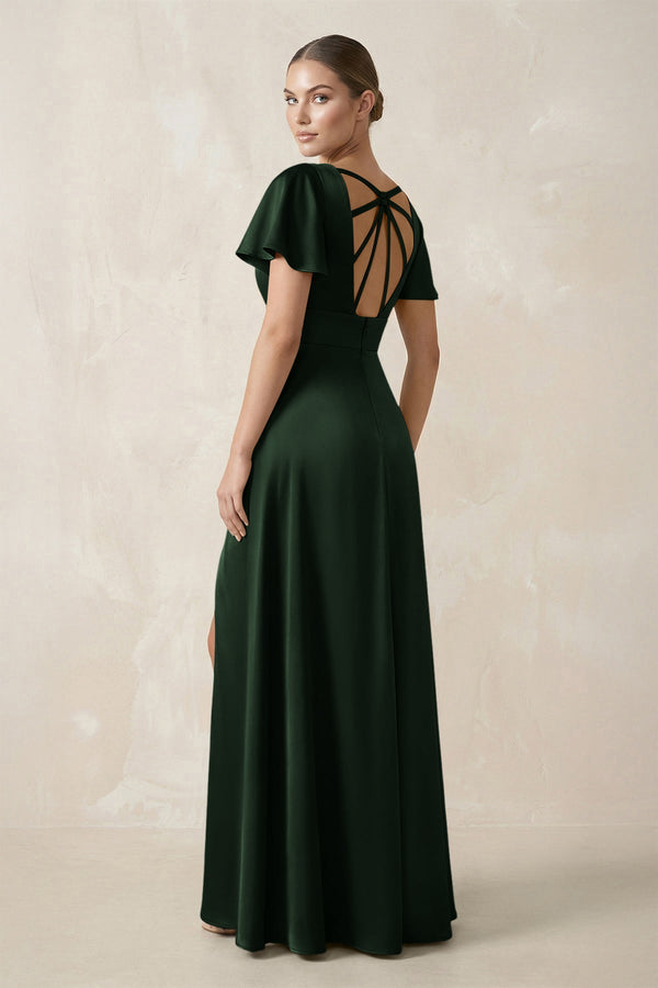 Short Sleeve V - Neck A - Line Satin Bridesmaid Dress With Slit in Moss - KISS BRIDAL Bridesmaid Dresses