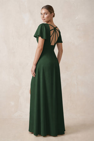 Short Sleeve V-Neck A-Line Satin Bridesmaid Dress With Slit in Moss (2) | KISSBRIDAL