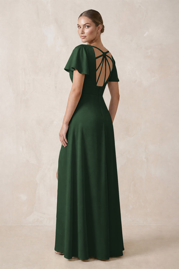 Short Sleeve V-Neck A-Line Satin Bridesmaid Dress With Slit in Moss (2) | KISSBRIDAL