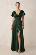 Short Sleeve V - Neck A - Line Satin Bridesmaid Dress With Slit in Moss - KISS BRIDAL Bridesmaid Dresses