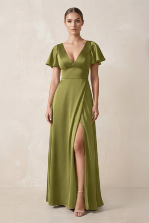 Short Sleeve V - Neck A - Line Satin Bridesmaid Dress With Slit in Moss Green - SHE IS ME Bridesmaid Dresses