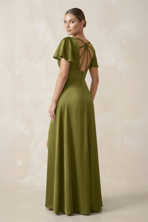 Short Sleeve V - Neck A - Line Satin Bridesmaid Dress With Slit in Moss Green - SHE IS ME Bridesmaid Dresses