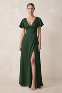 Short Sleeve V-Neck A-Line Satin Bridesmaid Dress With Slit in Moss | KISSBRIDAL