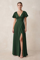 Short Sleeve V-Neck A-Line Satin Bridesmaid Dress With Slit in Moss | KISSBRIDAL