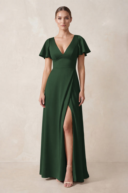 Short Sleeve V-Neck A-Line Satin Bridesmaid Dress With Slit in Moss | KISSBRIDAL