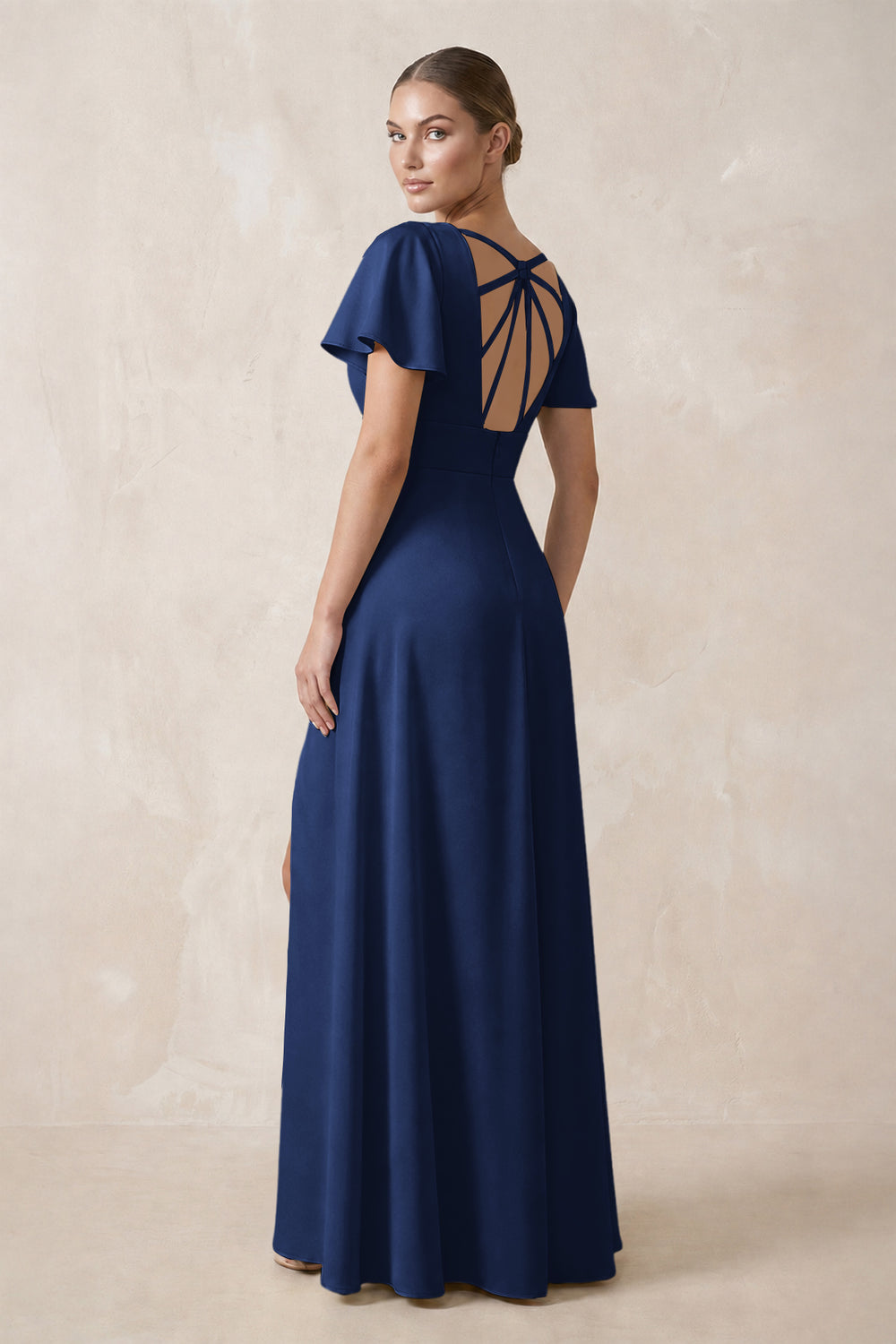 Short Sleeve V-Neck A-Line Satin Bridesmaid Dress With Slit in Navy