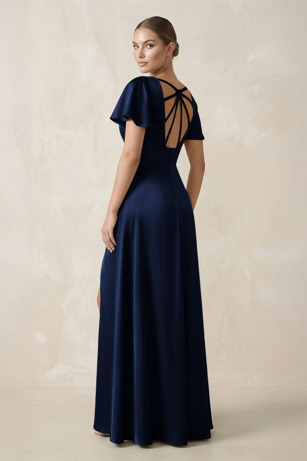Short Sleeve V - Neck A - Line Satin Bridesmaid Dress With Slit in Navy - KISS BRIDAL Bridesmaid Dresses