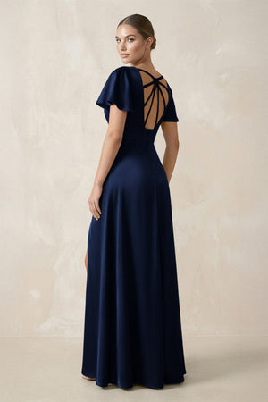 Short Sleeve V - Neck A - Line Satin Bridesmaid Dress With Slit in Navy - KISS BRIDAL Bridesmaid Dresses