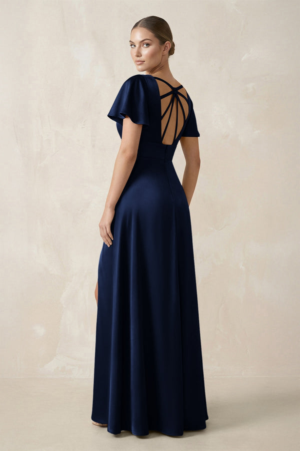 Short Sleeve V - Neck A - Line Satin Bridesmaid Dress With Slit in Navy - KISS BRIDAL Bridesmaid Dresses