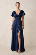 Short Sleeve V - Neck A - Line Satin Bridesmaid Dress With Slit in Navy - KISS BRIDAL Bridesmaid Dresses