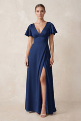 Short Sleeve V-Neck A-Line Satin Bridesmaid Dress With Slit in Navy | KISSBRIDAL