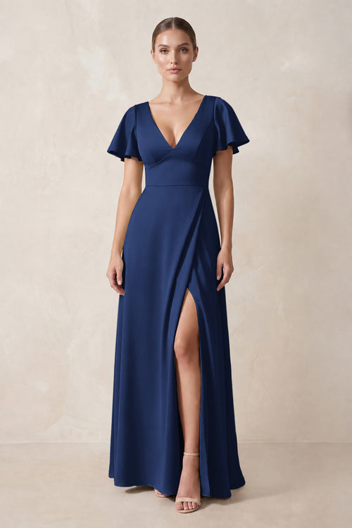 Short Sleeve V-Neck A-Line Satin Bridesmaid Dress With Slit in Navy | KISSBRIDAL