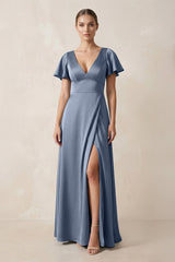 Short Sleeve V - Neck A - Line Satin Bridesmaid Dress With Slit in Neptune - KISS BRIDAL Bridesmaid Dresses