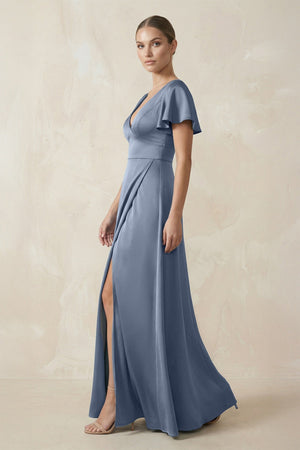 Short Sleeve V - Neck A - Line Satin Bridesmaid Dress With Slit in Neptune - SHE IS ME Bridesmaid Dresses