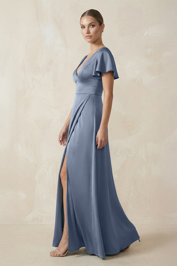 Short Sleeve V - Neck A - Line Satin Bridesmaid Dress With Slit in Neptune - SHE IS ME Bridesmaid Dresses