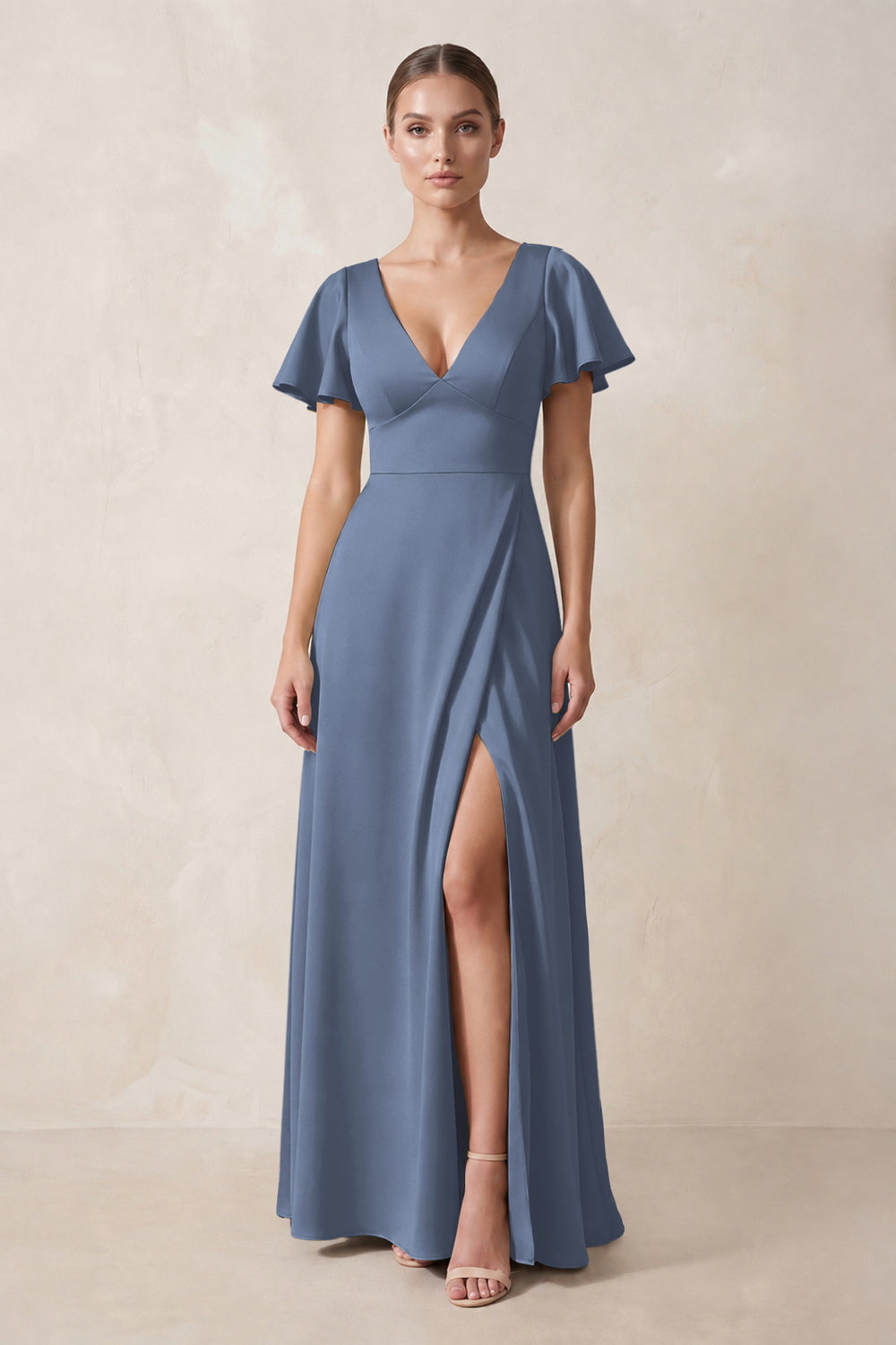 Short Sleeve V-Neck A-Line Satin Bridesmaid Dress With Slit in Neptune