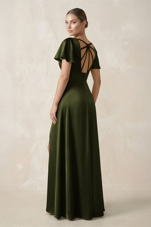 Short Sleeve V - Neck A - Line Satin Bridesmaid Dress With Slit in Olive - KISS BRIDAL Bridesmaid Dresses