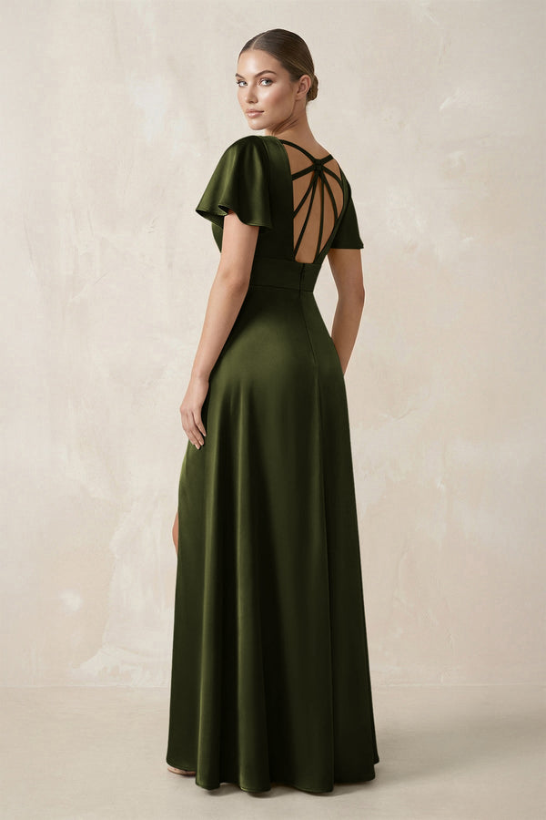 Short Sleeve V - Neck A - Line Satin Bridesmaid Dress With Slit in Olive - KISS BRIDAL Bridesmaid Dresses