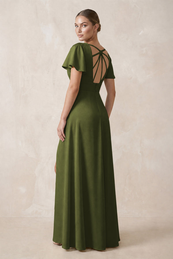 Short Sleeve V-Neck A-Line Satin Bridesmaid Dress With Slit in Olive (2) | KISSBRIDAL