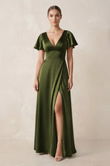 Short Sleeve V - Neck A - Line Satin Bridesmaid Dress With Slit in Olive - KISS BRIDAL Bridesmaid Dresses