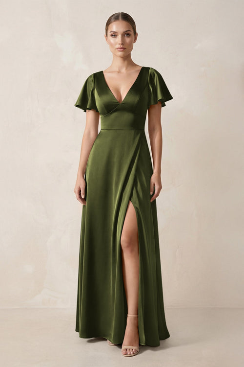 Short Sleeve V - Neck A - Line Satin Bridesmaid Dress With Slit in Olive - KISS BRIDAL Bridesmaid Dresses