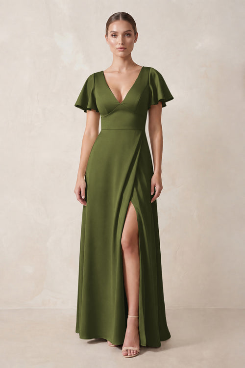 Short Sleeve V-Neck A-Line Satin Bridesmaid Dress With Slit in Olive | KISSBRIDAL