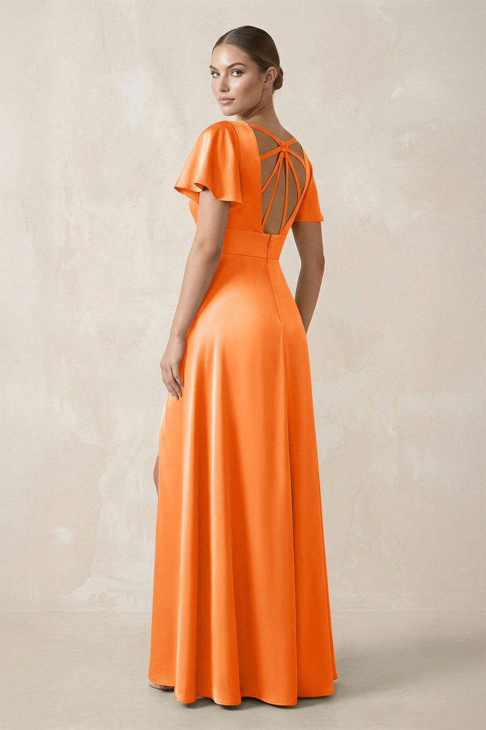 Short Sleeve V - Neck A - Line Satin Bridesmaid Dress With Slit in Orange - KISS BRIDAL Bridesmaid Dresses