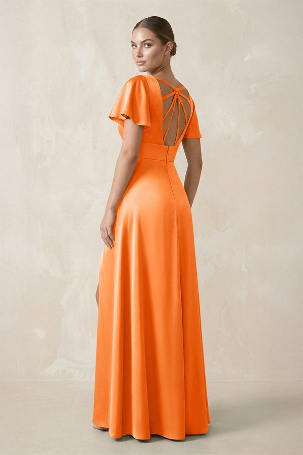 Short Sleeve V - Neck A - Line Satin Bridesmaid Dress With Slit in Orange - SHE IS ME Bridesmaid Dresses