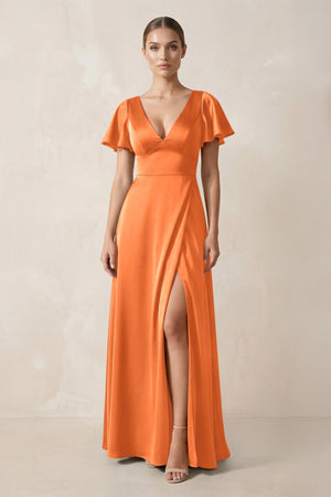 Short Sleeve V - Neck A - Line Satin Bridesmaid Dress With Slit in Orange - SHE IS ME Bridesmaid Dresses
