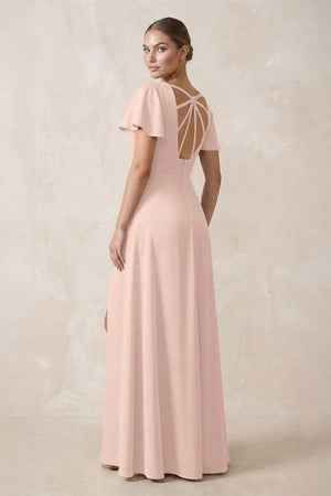 Short Sleeve V-Neck A-Line Satin Bridesmaid Dress With Slit in Pale Blush (2) | KISSBRIDAL