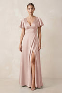 Short Sleeve V - Neck A - Line Satin Bridesmaid Dress With Slit in Pale Blush - SHE IS ME Bridesmaid Dresses
