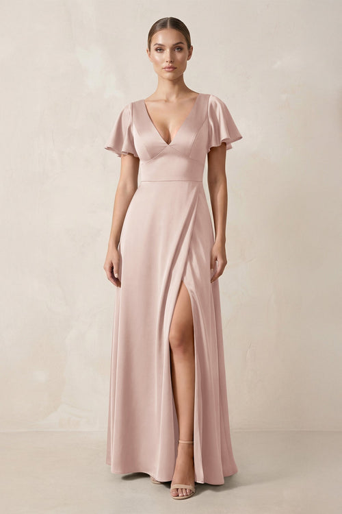 Short Sleeve V - Neck A - Line Satin Bridesmaid Dress With Slit in Pale Blush - SHE IS ME Bridesmaid Dresses